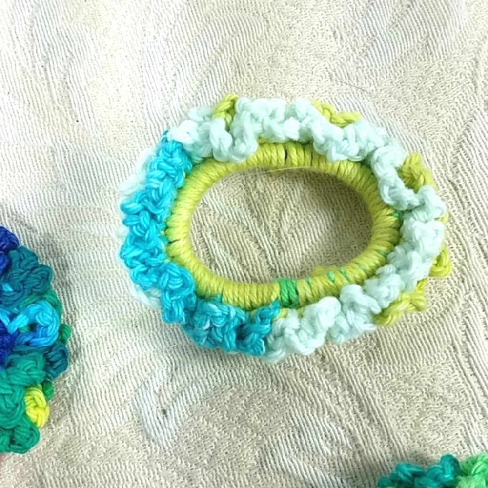 Scrunchies crocheted handmade lot of 4 bundle turquoise blue yellow multicolor